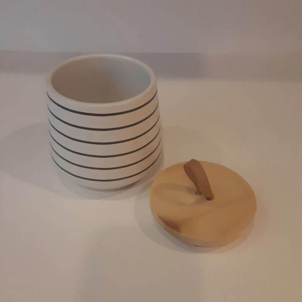 Earthenware Striped Jar W/Wood & Leather Pull Top Modern Minimalist